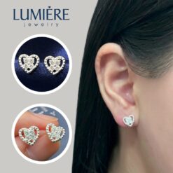 Khuyên Tai Hoa 4 Cánh Trong Trái Tim Đính Đá Bạc 925 Lumière Jewelry | A51